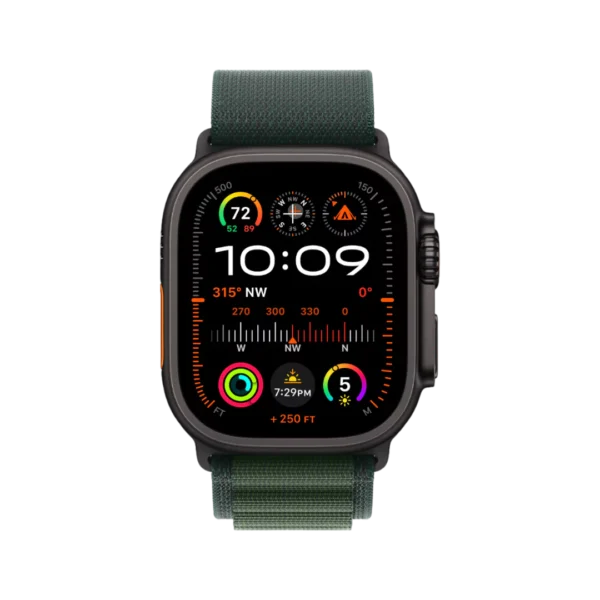 Apple Watch Ultra 2, 49mm Black Titanium Case with Dark Green Alpine Loop